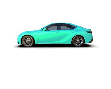 Üç boyutlu illüstrasyon. Modern mavi araba beyaz arka planda izole edildi. 