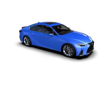 Üç boyutlu illüstrasyon. Modern mavi araba beyaz arka planda izole edildi. 