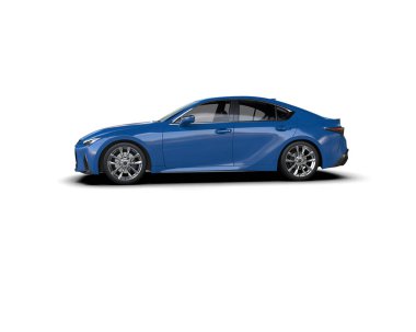 Üç boyutlu illüstrasyon. Modern mavi araba beyaz arka planda izole edildi. 