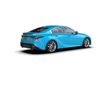 Üç boyutlu illüstrasyon. Modern mavi araba beyaz arka planda izole edildi. 