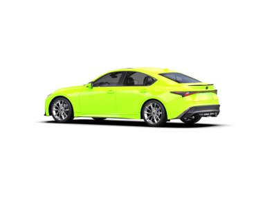 Üç boyutlu illüstrasyon. Beyaz arka planda izole edilmiş modern sarı araba. 