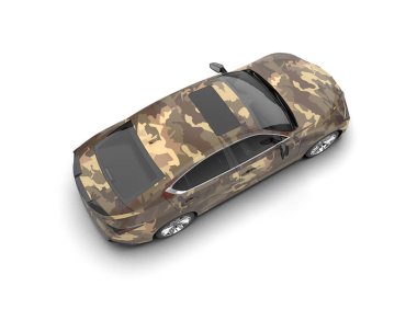 Üç boyutlu illüstrasyon. Modern kamuflaj arabası beyaz arka planda izole edildi. 