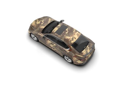 Üç boyutlu illüstrasyon. Modern kamuflaj arabası beyaz arka planda izole edildi. 