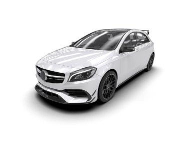 Üç boyutlu illüstrasyon. Beyaz arka planda modern beyaz araba izole edildi. 