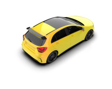 Üç boyutlu illüstrasyon. Beyaz arka planda izole edilmiş modern sarı araba. 