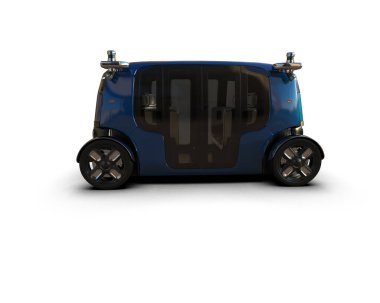 Beyaz arka planda büyük pencereleri olan gelecekçi bir araba. 3d resimleme