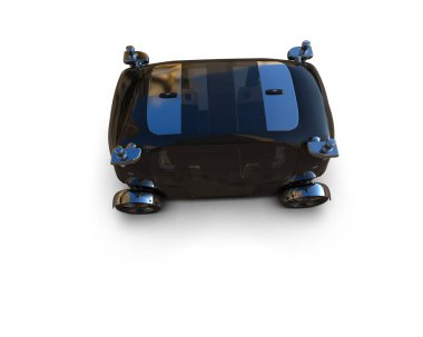 Beyaz arka planda büyük pencereleri olan gelecekçi bir araba. 3d resimleme