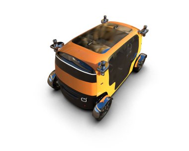 Beyaz arka planda büyük pencereleri olan gelecekçi bir araba. 3d resimleme