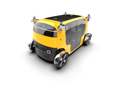 Beyaz arka planda büyük pencereleri olan gelecekçi bir araba. 3d resimleme