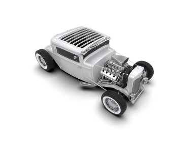 Beyaz arka planda küçük bir klasik arabanın 3 boyutlu canlandırması