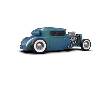 Klasik mavi Amerikan arabası. Beyaz arka planda 3 boyutlu.