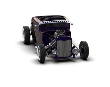 Klasik klasik Amerikan klasik arabası - ön manzara, beyaz arka planda izole edilmiş yan görünüm, 3 boyutlu illüstrasyon