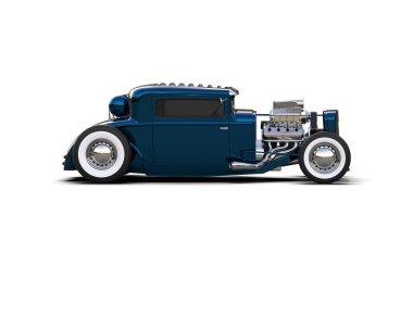 Mavi çizgili ve gölgeli klasik bir araba.