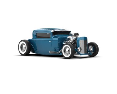 Stüdyo arka planında izole edilmiş mavi bir arabanın 3 boyutlu görüntüsü.