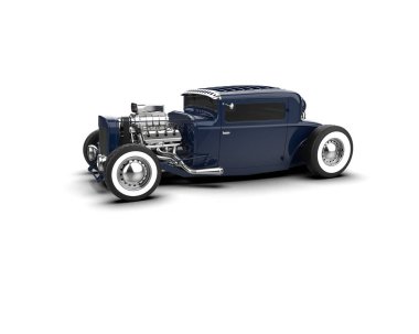 Mavi klasik Amerikan klasik arabası - ön manzara. 3 boyutlu illüstrasyon. yüksek çözünürlük