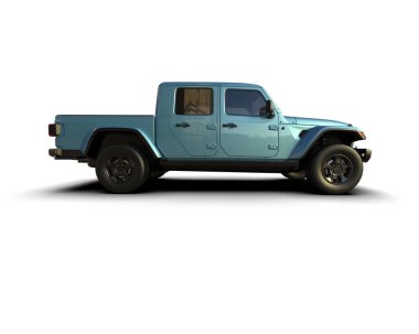 Beyaz arka planda yeşil bir kamyonetin 3 boyutlu görüntüsü.