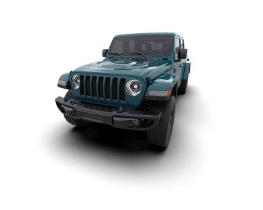 Beyaz arka planda mavi arazi aracı. Kopyalama alanı olan üst görünüm.