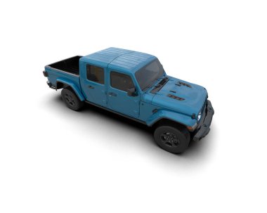 Mavi araba beyaz arka planda izole edildi. 3D görüntüleme.