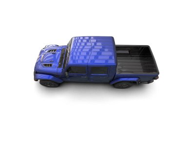 Beyaz arka planda plastik kutulu mavi oyuncak kamyon. 3d oluşturma.