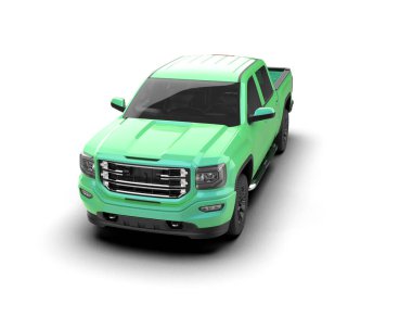 Beyaz arka planda yeşil kamyoneti olan yeşil bir kamyonet.