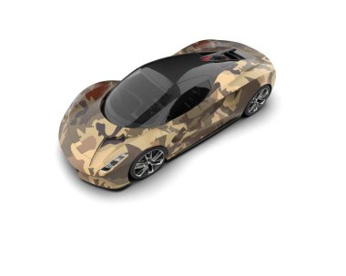 Beyaz arka planda izole edilmiş 3D kamuflaj spor araba çizimi