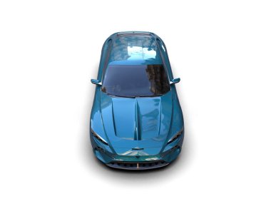 Beyaz arka planda mavi araba. 3d görüntü oluştur.