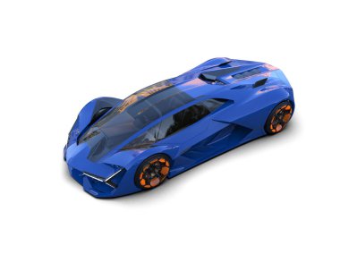 Beyaz arkaplanda yansıması olan mavi bir arabanın 3 boyutlu görüntüsü