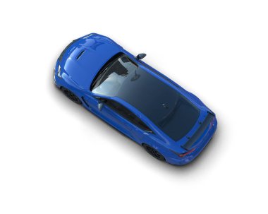 uzun gölgeli modern mavi araba - beyaz arkaplanda üst görünüm.