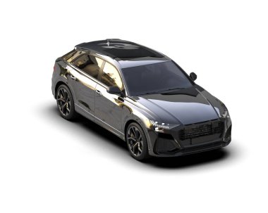 Siyah arka planda bir araba. Beyaz arka planda, siyah yüzeyi olan modern bir araba. 3d oluşturma.