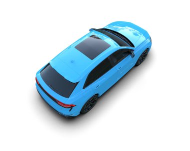 Arkası güzel manzaralı mavi spor araba.