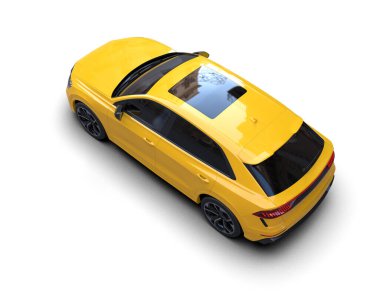 Beyaz arka planda sarı bir araba. 3d oluşturma