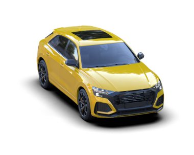 Arka planda sarı şehir arabası. 3d oluşturma.