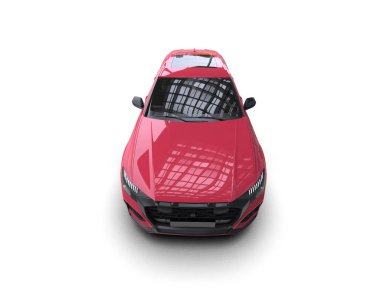 Beyaz arkaplanda kırmızı bir spor arabanın 3 boyutlu görüntüsü.