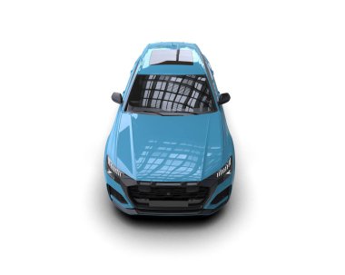 Reklam ve sunum için boş ekranı olan modern mavi bir araba. 3d illüstrasyon