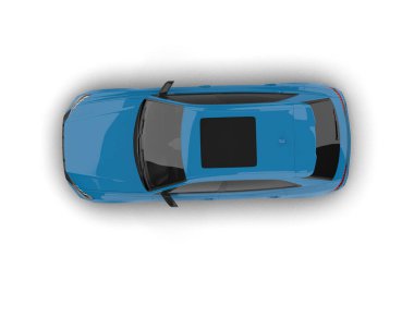 Modern araba beyaz arka planda izole edilmiş. 3D görüntüleme. en üstteki görünüm.