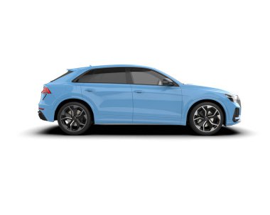 Mavi lüks arazi aracı. Yan görünüş. Beyaz arka planda izole edilmiş. 3d illüstrasyon