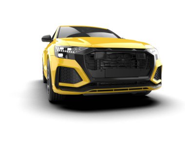 Modern araba beyaz arka planda izole edilmiş, siyah sarı renkli, siyah şehir arabası, ön manzara. 3d oluşturma