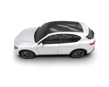 Gri yüzeyde beyaz, modern bir araba. 3d oluşturma.