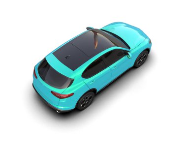 Mavi elektrikli araba beyaz arka planda izole edildi. 3 boyutlu görüntüleme