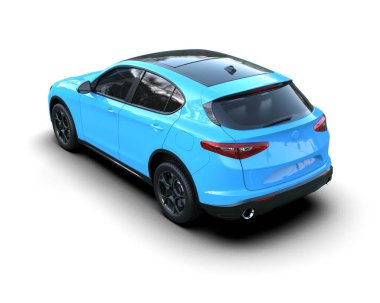 Beyaz arka planda hatchback ailesi olan mavi spor araba. 3d oluşturma