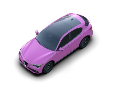 Beyaz arka planda pembe bir araba. 3d oluşturma