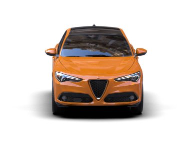 Beyaz arka planda turuncu bir araba. 3d oluşturma