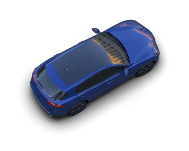 Beyaz arka planda modern şehir arabası. Mavi ve gri bir yüzeyi ve sağında şehir olan mavi bir arabası var. 3