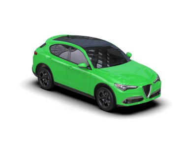 Şehir ışıklarına sahip yeşil kompakt araba, beyaz arkaplanda izole..