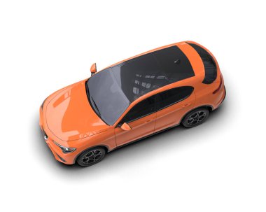 Beyaz arka planda turuncu bir araba. 3d oluşturma.