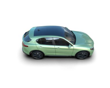 Beyaz arka planda modern yeşil şehir arabası. 3d illüstrasyon