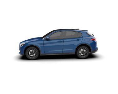 Beyaz arka planda izole edilmiş mavi bir spor arabanın 3 boyutlu görüntüsü