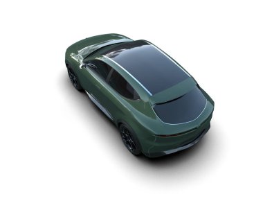 Beyaz zemin üzerinde izole edilmiş yeşil elektrikli bir arabanın 3 boyutlu görüntüsü.
