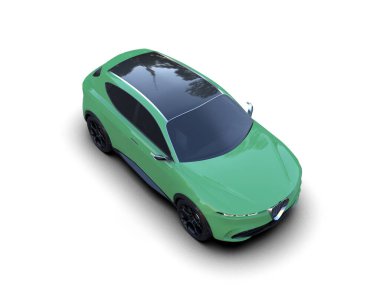 Stüdyonun arka planında izole edilmiş yeşil bir arabanın 3 boyutlu görüntüsü.