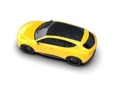 Beyaz arka planda sarı bir arabanın 3 boyutlu görüntüsü
